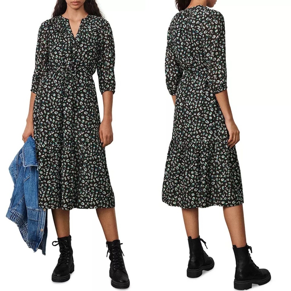 ba&sh Black Noir Bowie Leopard Printed Midi Dress A Line Cotton Blend Size 2‎